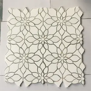 Thassos white marble with mirror glass inlay flower pattern water jet mosaic tile