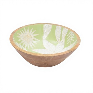 Tazón de Madera de Mango Hecho a Mano con Interior Esmaltado con Diseño Floral Verde, Tazón Decorativo de Madera para Servir - Product Image 1