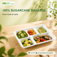 Barquette alimentaire jetable en bagasse à 5 compartiments, 10x8 pouces, compostable, en canne à sucre, robuste, pour repas scolaires