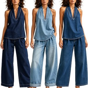 Nouvel ensemble 2 pièces en jean minimaliste pour <span class=keywords><strong>femme</strong></span> 2026 – Haut sans manches à col licou et pantalon large – Tenue décontractée et tendance pour les voyages - Product Image 1