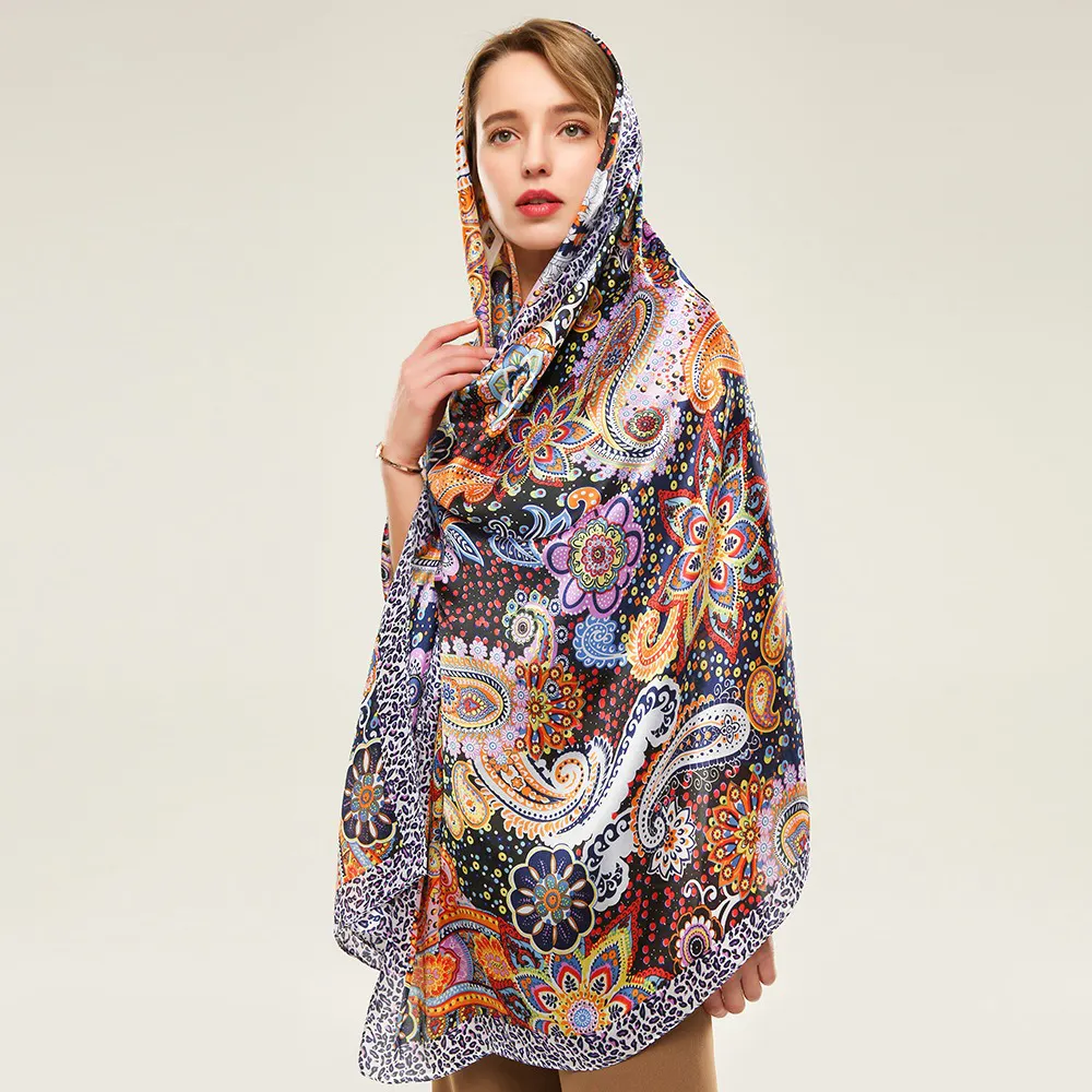 Fleurs personnalisées motif Paisley naturel léger lien foulard en soie mince longue écharpe châle enveloppement crème solaire châles pour les femmes