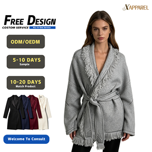 A&J Factory OEM Women Fringe Trim <b>Wrap</b> Coat Contrast Topstitch Shawl Collar Self-Tie Belt Wool Grey Boho Luxe ODM 2026 - Product Image 1