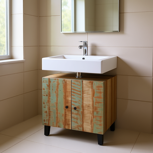 Meuble-lavabo de salle de bain en bois rustique avec vasque en céramique, design rectangulaire sur pied, finition peinte, style multicolore - Product Image 2