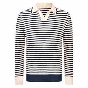 Polo en lin et coton rayé à col marin pour <span class=keywords><strong>homme</strong></span> avec logo personnalisé, manches longues - Product Image 1