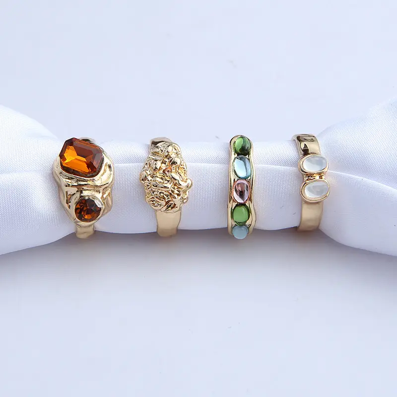 1 Set/4 Pcs Irregular Ring Colored Gemstone Boho Ring Set Designer Fashion Jewelry