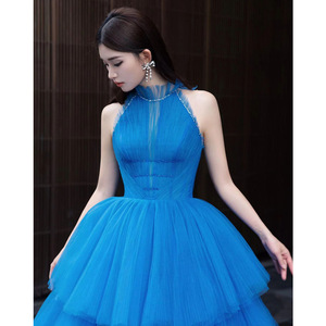 Halter Neck Blue Tulle Ball Gown Wedding Dress Natural Waistline Mesh Fashion Element For Women - Product Image 3