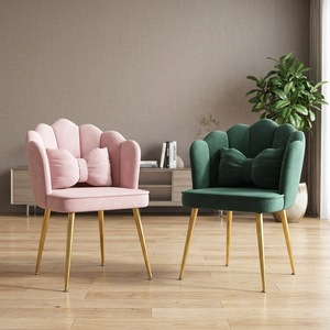 Modern Pink Velvet Dining Chair Vanity Chair with Shell Back Bow Pillow Nail Dresser Stool for Girls Bedroom Apartment Hotel Use - Product Image 1