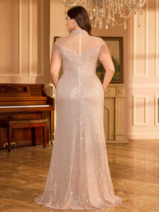 بالإضافة إلى المرأة الأنيقة الشمبانيا الوقوف طوق شرابة الديكور اللؤلؤ الترتر عاري الظهر حزب رسمي مساء اللباس للصيف - Product Image 3