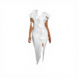 Vestidos de cóctel de verano para mujer de Luxe Enterprises, con cuello en V, manga corta, color rosa intenso, corte ajustado, maxi, con volantes. - Product Image 3