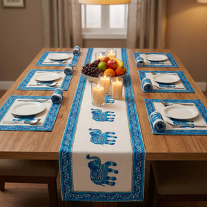 Ensemble de chemins de table modernes en toile de coton tissée à imprimé éléphant bleu, lavables et durables, avec bordure florale, pour la maison et les restaurants - Product Image 2