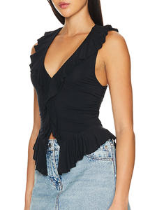 Camiseta sin mangas con volantes y cuello en V de talla grande para mujer, camiseta informal holgada, Color sólido, moda Sexy de verano, la mejor opción - Product Image 4