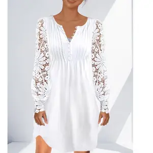 S-5XL Spring/Summer New Fashion Women's Wear Hollow out lace long sleeved V-neck dress A-line dress