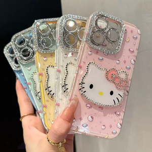 Coque de téléphone portable 3D scintillante motif chat KT en diamant de dessin animé avec cadre d'appareil photo mignon en verre DIY pour iPhone 17 Air 16 15 Pro Max - Product Image 5
