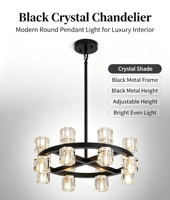 Lustre de luxe en cristal à 16 lumières, design roue de chariot noire, hauteur réglable, plafonnier LED avec abat-jour en cristal transparent