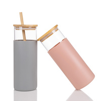 Bouteille d'eau en verre borosilicate écologique pour enfants, 16 oz, personnalisable, compatible lave-vaisselle, avec couvercles en bambou et manchon en silicone, design moderne pour le voyage