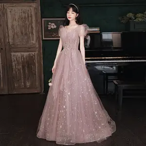 Abendkleid weiblich neues Bankett elegantes Temperament atmos phä rische Kunst Test Vokal rosa langes Kleid