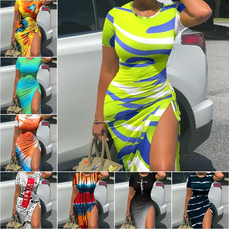 ZIYA A05S221 Wholesale Women Summer Printed Short Sleeve Drawstring Casual Bodycon Dresses