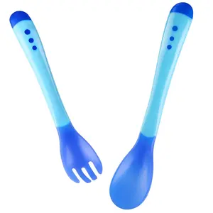 厂家价格PP TPE温度变色塑料勺子叉子软头婴儿喂养汤勺温度传感器勺子
