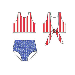 Traje de Baño Personalizado para Niñas, Estilo Americano Casual de Primavera/Otoño, con Estampado de Estrellas y Lazos del 4 de Julio, de Algodón y Spandex Transpirable, Bikini para Niñas Pequeñas - Product Image 3