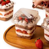 Transparente quadratische Bäckereiboxen, Lebensmittelbehälter, To-Go-Becher, Löffel-Set für Mousse-Kuchen, Tiramisu, Erdbeer-Cupcake-Präsentation