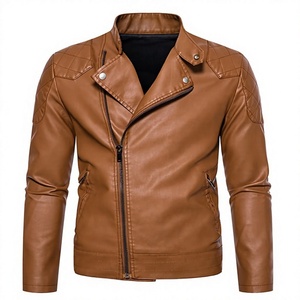 Men's Brown PU Leather Moto <b>Jacket</b> Stand Collar Zipper Closure Slim Fit Regular Length Solid Color Motorcycle Style Autumn Wear - Product Image 2