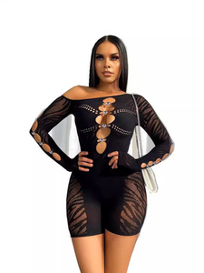 New Solid Color Hollowed Out Diagonal Shoulder Long Sleeved Bright Revealing Chest Sexy One-piece Women's Clothing - Product Image 6