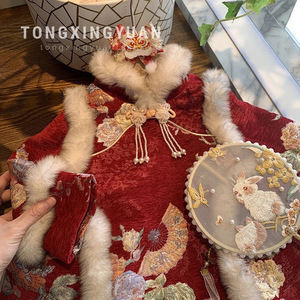 Tongxingyuan Girls Chinese Style Cheongsam Dress Thickening Flowers New Year Outfit First Birthday Princess Hanfu Costume - Product Image 1
