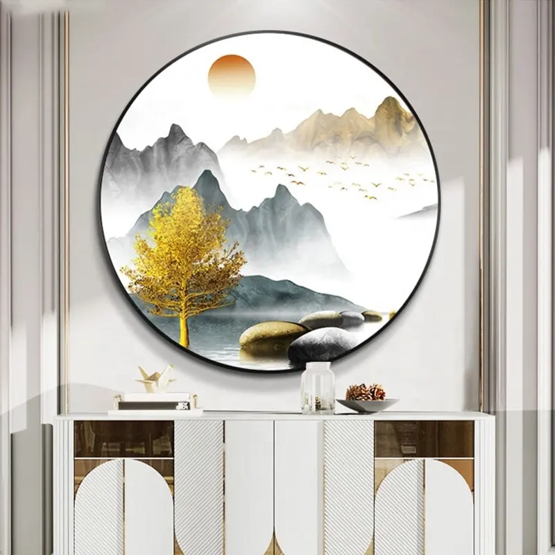 Personalizado paisagem redonda diamante cristal porcelana pintura sofá fundo de parede mural