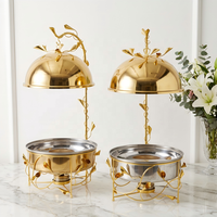 QY 8L Plat de service de luxe en acier inoxydable avec couvercle suspendu et décorations de lianes florales dorées, chauffe-plats pour buffet d'hôtel