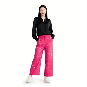 J643 Pantaloni Larghi da Donna a Vita Alta, Lunghezza alla Caviglia, in Raso Stampato a Pois, Vestibilità Ampia, Casual Estivi con Tasche e Coulisse - Product Image 1