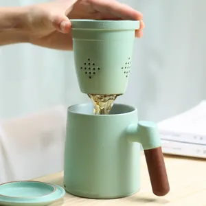 家庭办公室使用磨砂陶瓷茶杯，带浸泡器和盖子，红木手柄茶杯浸泡散叶茶