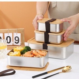 304 Stainless Steel <b>Lunch</b> <b>Box</b> Bamboo Lid Rectangular Bento <b>Box</b> With Strap For Student Outdoor Use - Product Image 1