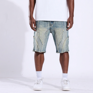 Shorts Bermuda en jean patchwork pour homme, taille mi-haute, déchirés, délavés, style décontracté, fermeture boutonnée, 100% jean 240g, imprimé numérique - Product Image 1