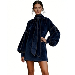 เดรสสั้นผ้ากำมะหยี่ลายสก็อตผูกโบว์สำหรับผู้หญิง - เดรสทรงหลวมแขนพองสไตล์ทูนิคแฟชั่นสำหรับผู้หญิง - Product Image 6