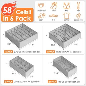 <b>6</b> Pack Sock Underwear <b>Drawer</b> Organizer Dividers 58 Cell Foldable Non-Woven Fabric Modern Dresser Closet Organizers Storage Bins - Product Image 4