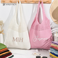 Sacs fourre-tout en polyester à maille crochetée brodés de monogrammes personnalisés, sacs de plage tricotés ajourés avec fermeture éclair, vente en gros
