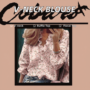 Blouse élégante et douce pour femme, style vintage, printemps-été, pull-over, nouvelle collection, à volants, manches longues, col en V, imprimé, tricoté, uni, teint. Tailles S-5XL. - Product Image 2