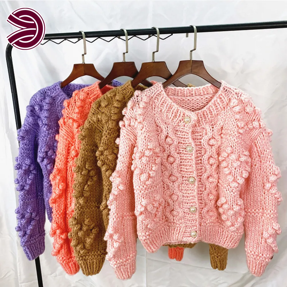Custom 3D Checkerboard Solid Pattern Autumn Winter Button Closure Handmade Long Sleeve Winter Collections Women Crochet Sweater