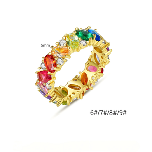 Bague d'éternité ovale luxueuse en zirconium arc-en-ciel, plaquée or 18 carats, en laiton, avec plusieurs pierres précieuses, pour fiançailles et mariage, pour femme - Product Image 6