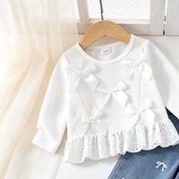 Ensemble 2 pièces pour filles avec nœud 3D, haut en dentelle à manches longues et jean brodé à nœud, tenue décontractée pour enfants