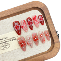 Vente en gros d'usine, 10 pièces, ongles en acrylique faits à la main de haute qualité, rouge, fleurs 3D sculptées, forme amande, à coller