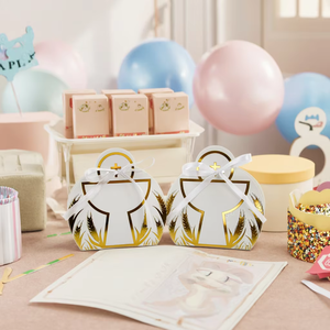 50 boîtes pliables en papier recyclé pour bonbons et friandises, motif Calice Sacré, avec ruban, pour baptême, croix, biscuits, <span class=keywords><strong>baby</strong></span> shower - Product Image 5