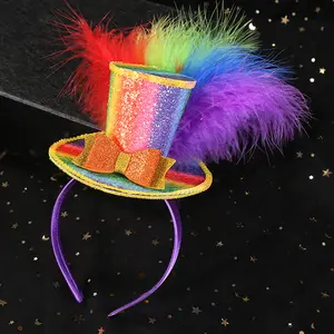 MH-0274 Party Carnival Funny Rainbow paillettes Feather Mini Top Hat Headband