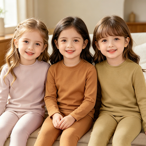Conjunto de Pijamas Simples para Meninas com Manga Longa, Roupas de Dormir para Crianças, Pijamas de Algodão para Meninas, Atacado - Product Image 1