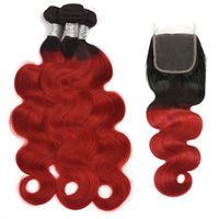 Tissage en lot brésilien Body Wave coloré — ali queen, cheveux naturels, deux tons ombré, 1B/rouge/BUG