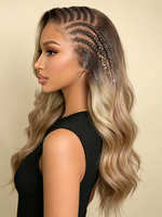 Perruque Lace Front 13x6 Pré-tressée Brunette avec Mèches Blondes, Ondulations Souples, Raie Latérale et Baby Hair, Facile à Poser et Prête à Porter