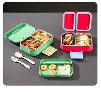 Boîte à lunch bento en acier inoxydable compatible micro-ondes, 4 compartiments, récipient de préparation des repas, design anti-fuite avec cuillère et fourchette incluses
