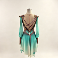 Robe de patinage artistique sur mesure vert menthe dégradé à manches longues avec strass, costume de concours de danse sur glace pour filles et femmes