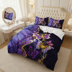 Ensemble de housse de couette imprimée avec des animaux de dessin animé modernes en 3D, 100% polyester, papillon, <span class=keywords><strong>extra</strong></span> <span class=keywords><strong>large</strong></span>, violet doré, literie - Product Image 1