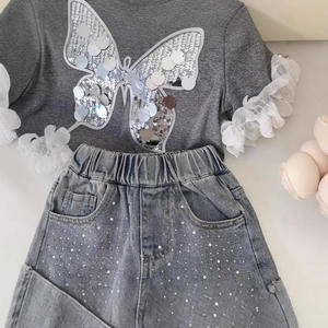 2025 New Arrival Korean Children Clothing Butterfly <strong>Sequined</strong> T Shirt Denim <strong>Shorts</strong> Two Piece Sets <strong>Kids</strong> Girls Summer Clothes - Product Image 5